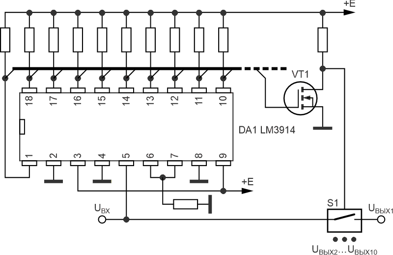 Десятиканальный фильтр напряжений на основе специализированной поликомпараторной микросхемы LM3914.