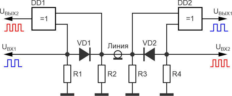 Электрическая схема реализации поочередной передачи цифровой информации по двухпроводной линии.