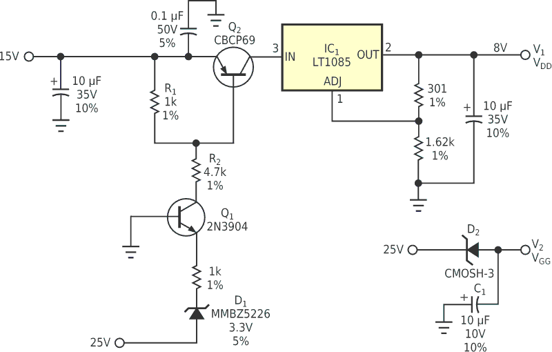 This circuit provides safe power-up and power-down sequencing for sensitive GaAs FETs and MMICs.
