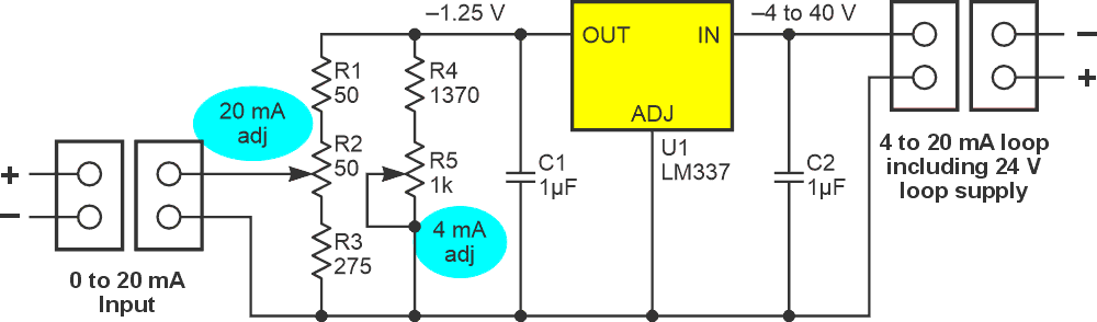 U1 plus R1 through R5 current steering networks convert 0/20 mA input to 4/20 mA output.
