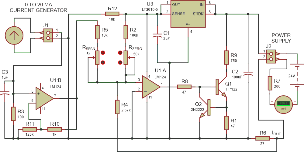 A 0 to 20 mA current source to a 4 to 20 mA loop current converter module circuit. The RSPAN & RZERO potentiometers can be multiturn PCB mountable types for precision adjustment. Q1 should have a heatsink.