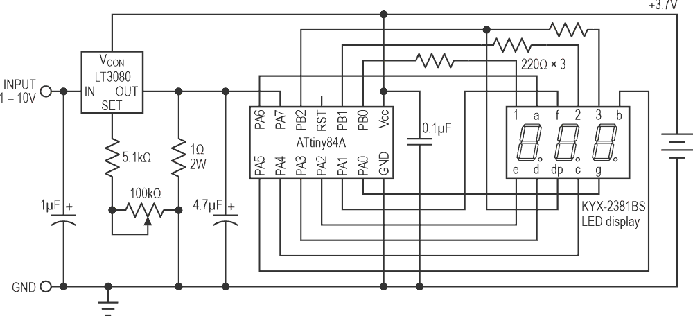 Circuit of the adjustable load, based on an LT3080 regulator and ATtiny84 processor.