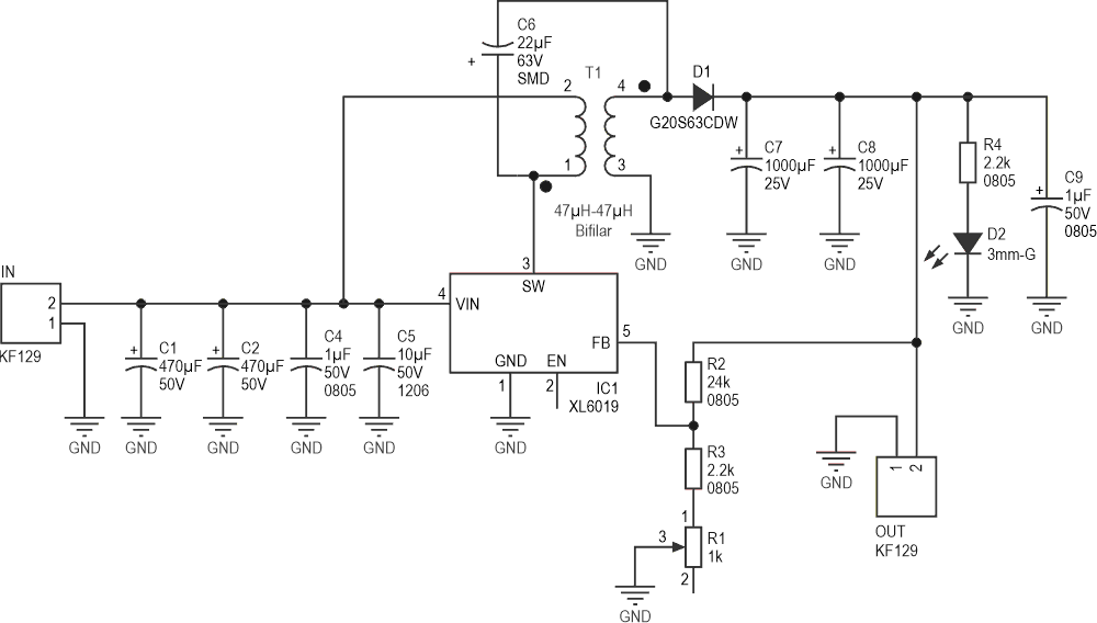Schematic diagram of the XL6019 buck-boost converter.