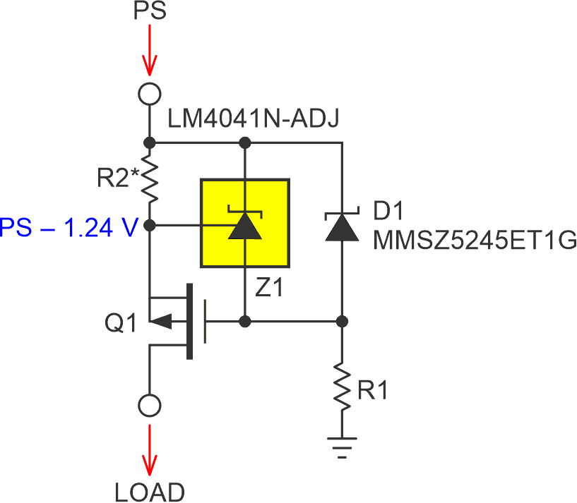 A typical three-wire [power supply (PS), ground, and load] precision positive current source offering an accuracy of 1% or better. The output current is 1.24/R2.