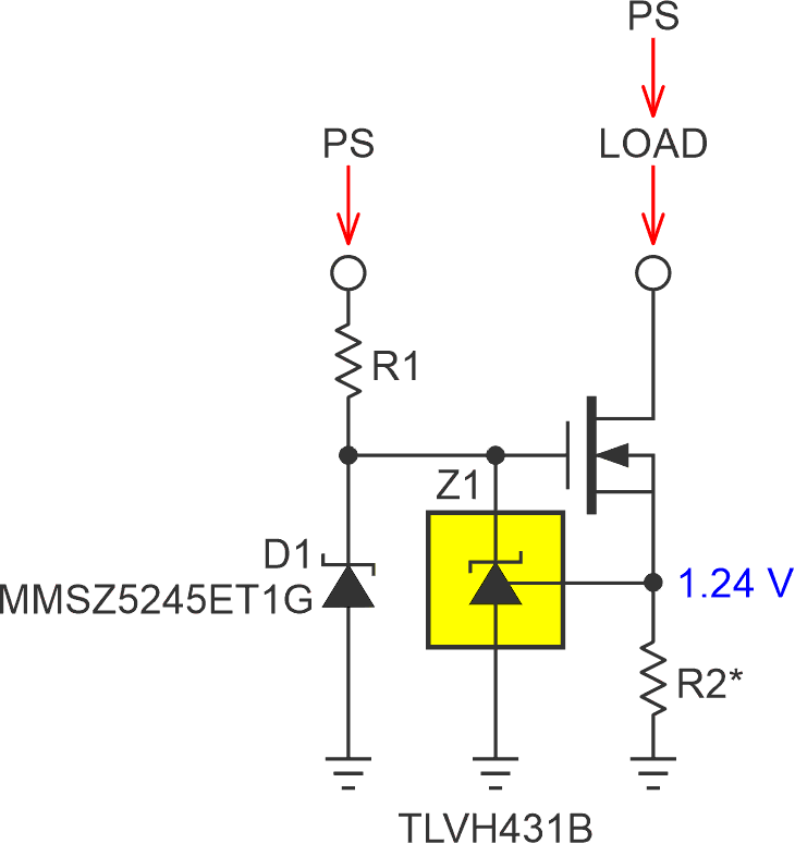A typical three-wire negative current source, or a current sink.