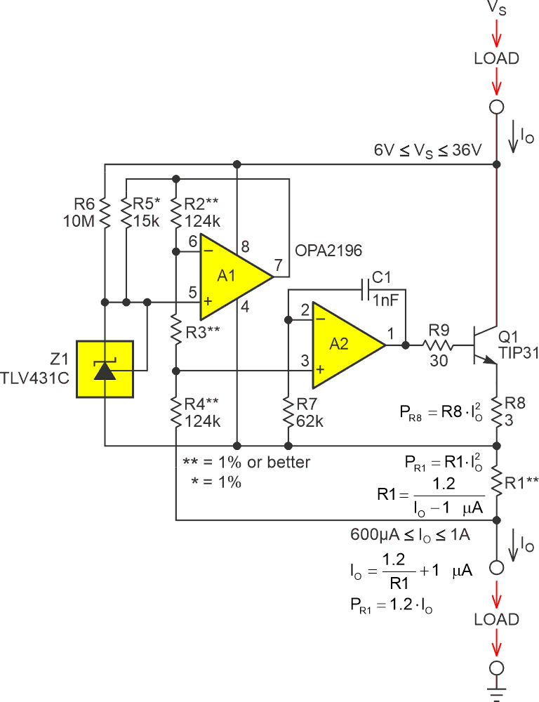 A two-wire source/sink with 1% or better precision over > 1000:1 output range.