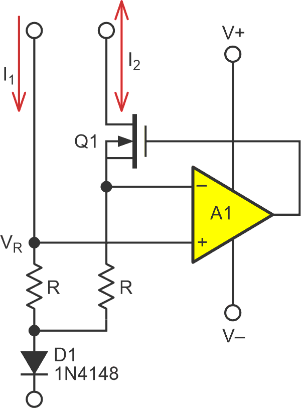 The active two-way current sink/source mirror. The input current source is mirrored as a sink current when D1 is forward biased, and transmitted as a source current when D1 is reverse biased.