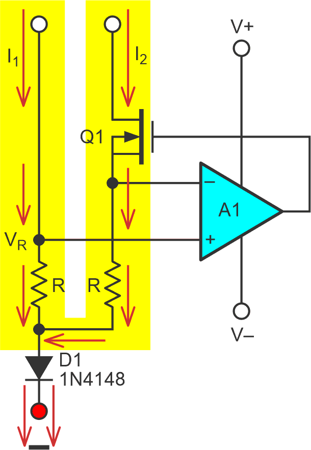 При работе ATWCM в зеркальном режиме втекающий ток I1 создает напряжение VR, которое вынуждает A1 управлять транзистором Q1 так, чтобы токи отражались зеркально: I2 = I1.