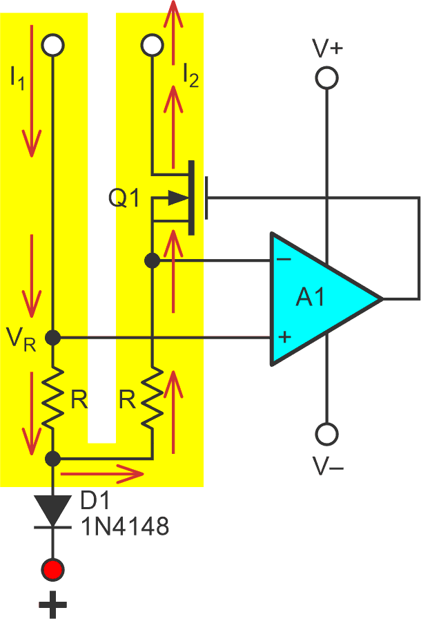 ATWCM in transmission mode. A reverse-biased D1 means I1 has nowhere to go except through the resistors and (saturated and inverted) Q1, where it is transmitted back out as I2.