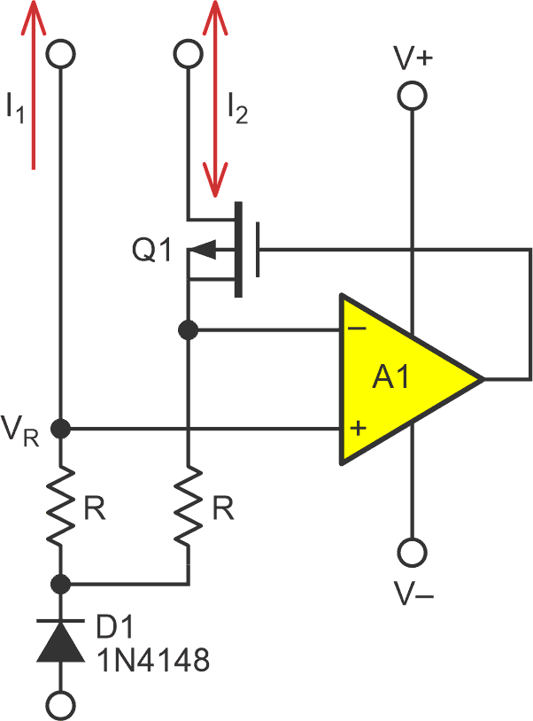 Source/sink two-way mirror with a D1 flipped the opposite direction, and Q1 replaced with a PFET.
