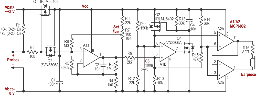 A power switch, an amplifying stage with some careful offsets, and a pitch-linear VCO driving an output transducer make a good continuity tester. The musical pitch of the tone produced is proportional to the resistance across the probe tips.