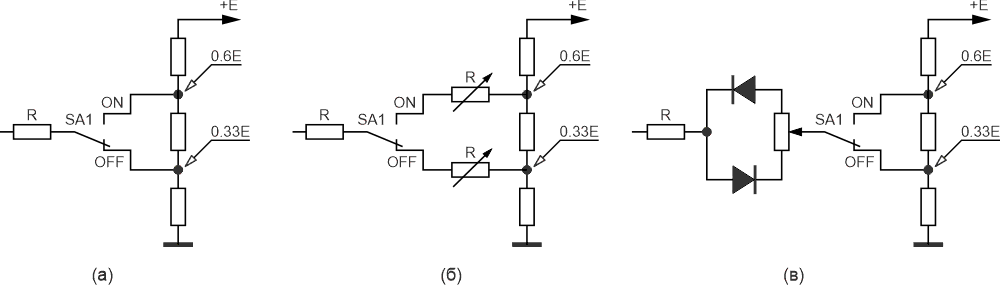 Варианты схем компенсации запаздывания и регулировки времен подачи и отключения управляющих импульсов: а) симметричная; б) раздельная; в) перераспределяемая.