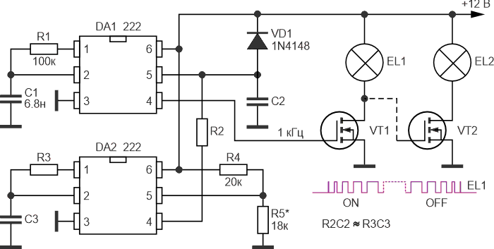 Коммутатор нагрузки с периодическим плавным нарастанием свечения и последующим угасанием ламп накаливания.