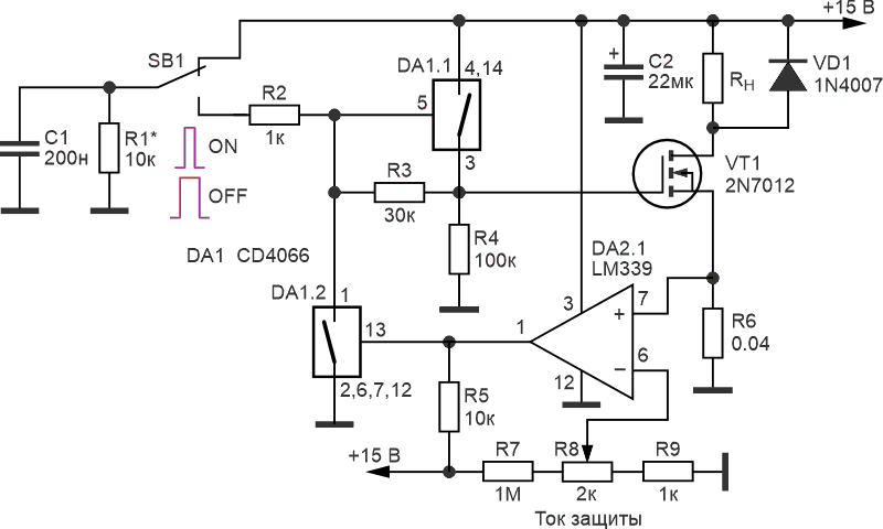 Коммутатор нагрузки с защитой по току с использованием двух микросхем и выходного силового транзистора.