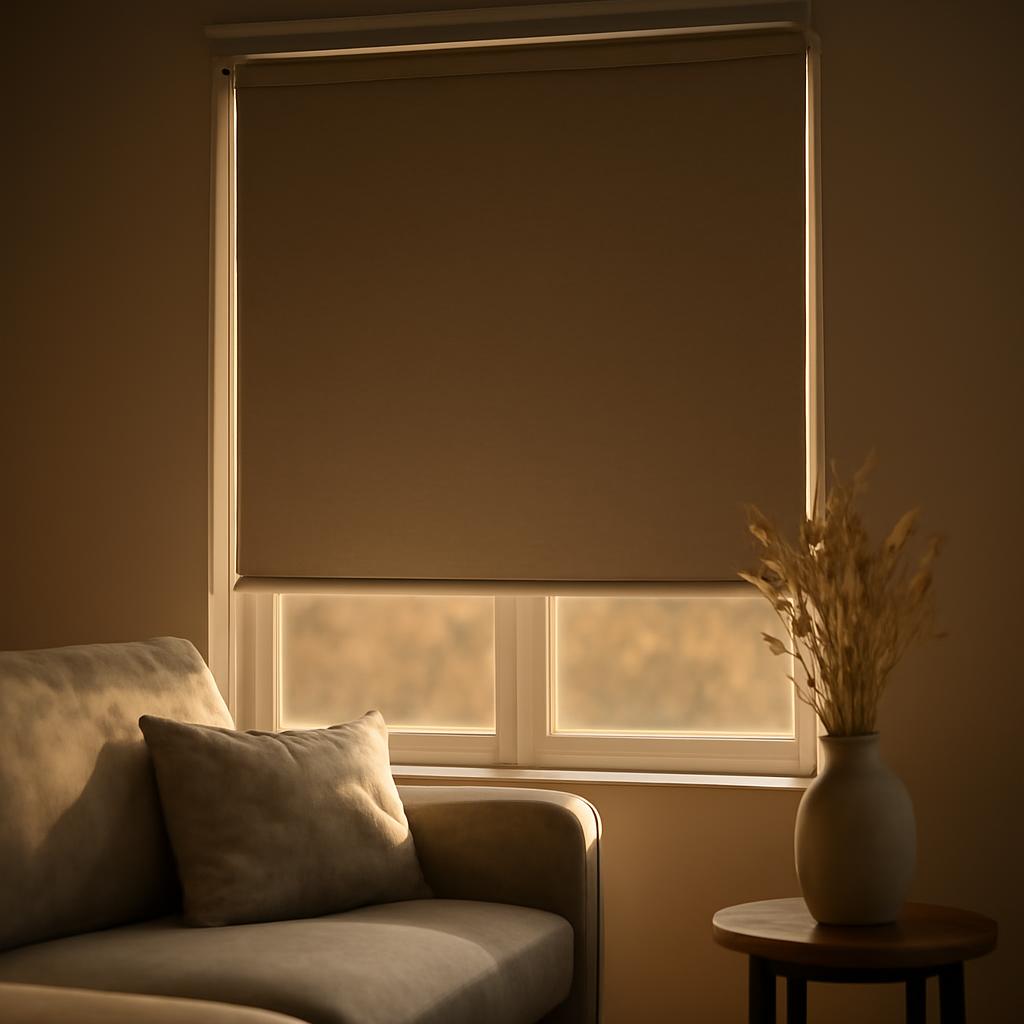 Рулонные шторы в гостиной с blackout эффектом