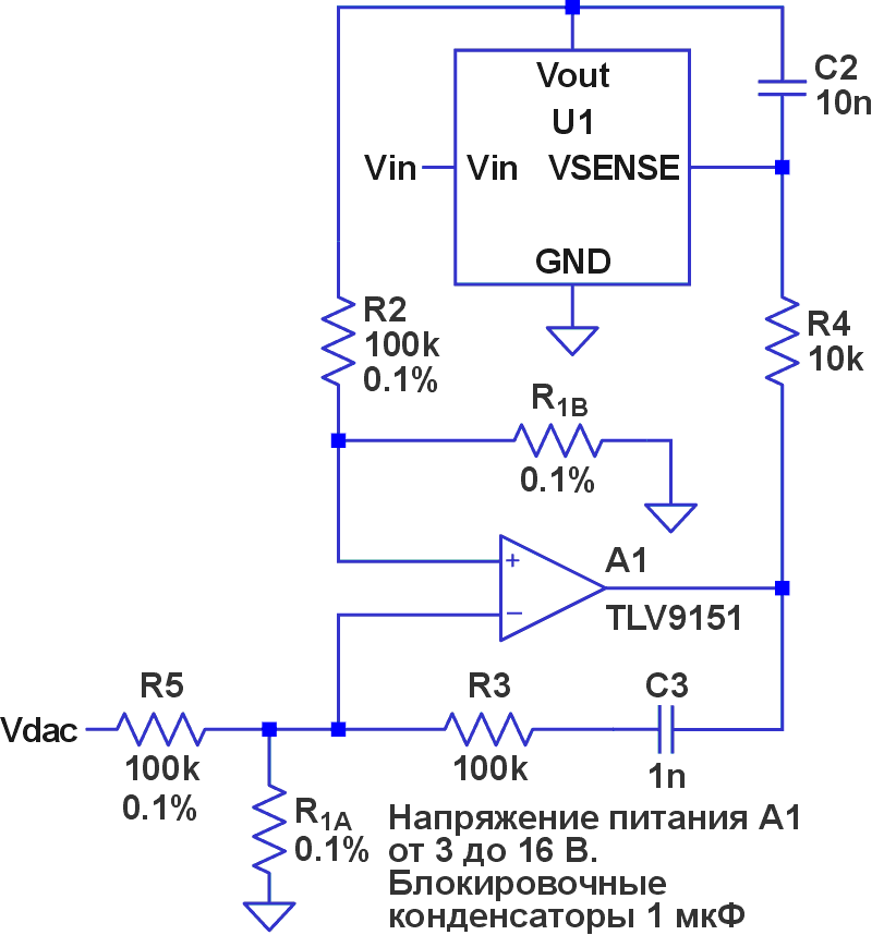 Схема Вудворда на Рисунке 1 была перерисована, чтобы подчеркнуть расположение регулятора U1 в цепи обратной связи операционного усилителя A1. Сигнал VDAC управляет регулятором U1, игнорируя его внутреннее опорное напряжение.