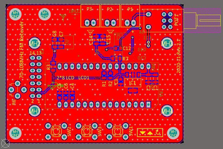 The PCB layout of the digital FM receiver.