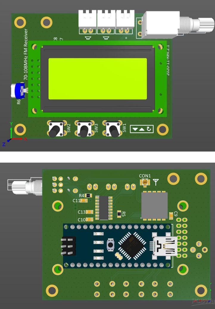 The top and bottom 3D views of the PCB board.