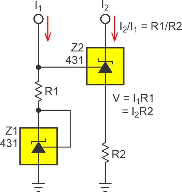 The R1/R2 resistance ratio sets the I2/I1 current ratio.