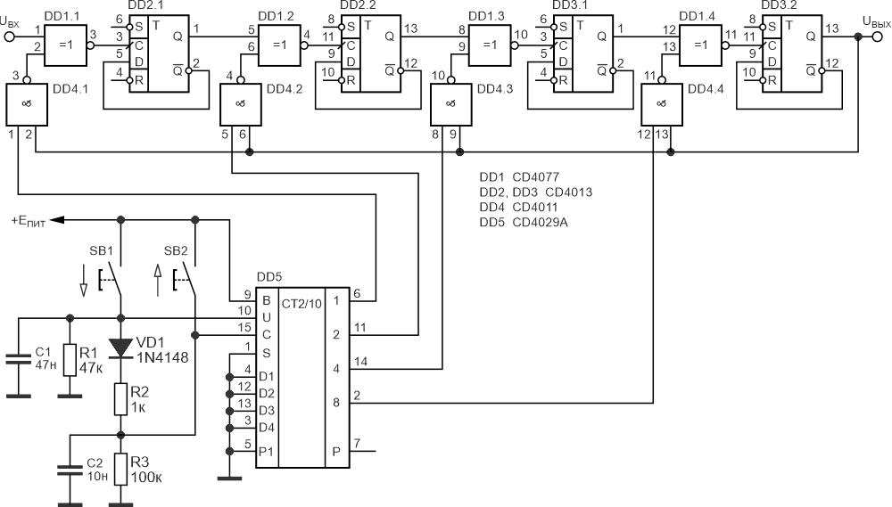 Делитель частоты на 1, 2, 3 … 16 со скважностью 2 и электронным управлением.