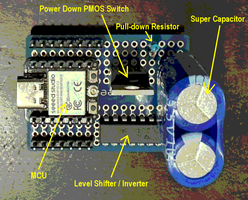 Prototype sensing circuit board with the PM2105, ESP32-C3 circuitry, and a 10-F supercapacitor.