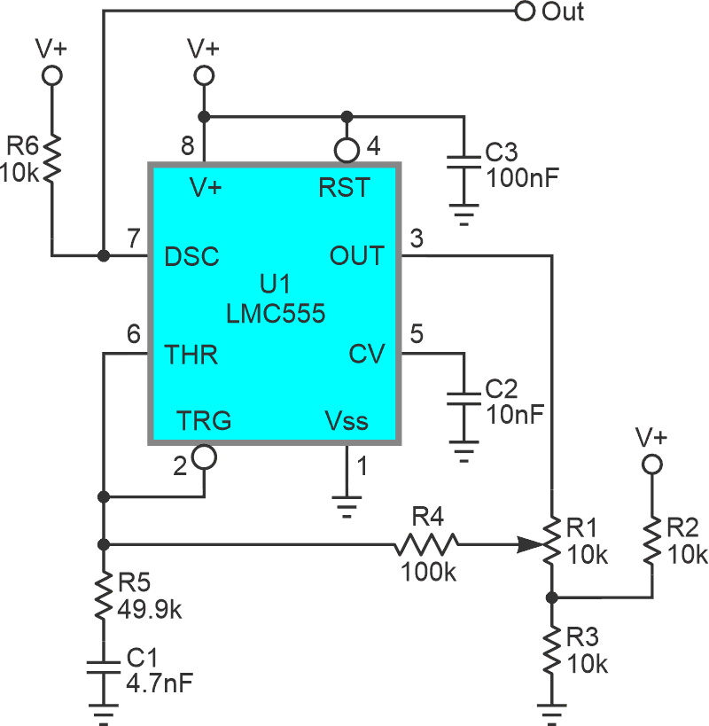 R1 sets U1 frequency from < 10 Hz to > 100 kHz.
