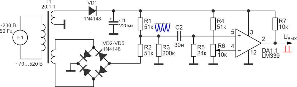 Устройство выделения момента перехода сетевым напряжением нулевого значения с использованием дополнительной дифференцирующей цепочки C2R5.
