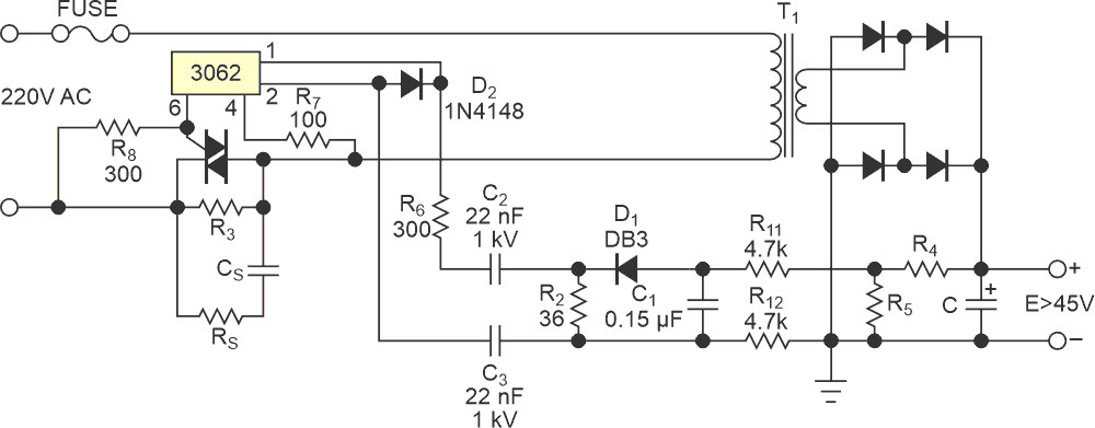 By using the R4/R5 voltage divider, you can use the same dynistor to sense capacitor voltages greater than 45 V.
