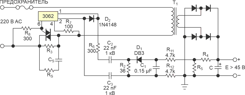 Используя делитель напряжения R4/R5, можно применять тот же динистор для измерения напряжений на конденсаторе, превышающих 45 В.