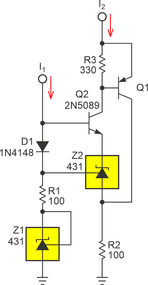 D1/Q2 cascode reduces reference modulation error, improving active impedance by orders of magnitude.