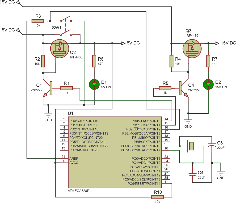 Single pushbutton switches on or off 5 V and 15 V supplies sequentially. LEDs D1, D2 indicate the presence of 5 V and 15 V supplies. Adequate heat sinks may be provided for Q2 and Q3, depending upon the load currents. Suitable capacitors may be added at the outputs of 5 V and 15 V.