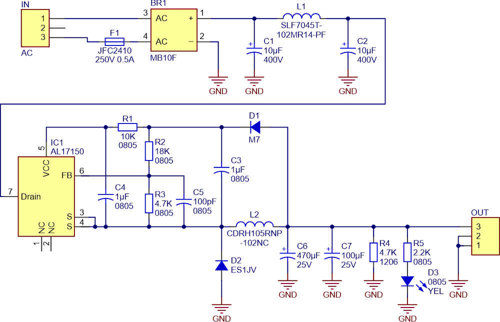 Schematic diagram transformerless 85-260 VAC to 12 VDC-0.2 A power supply.