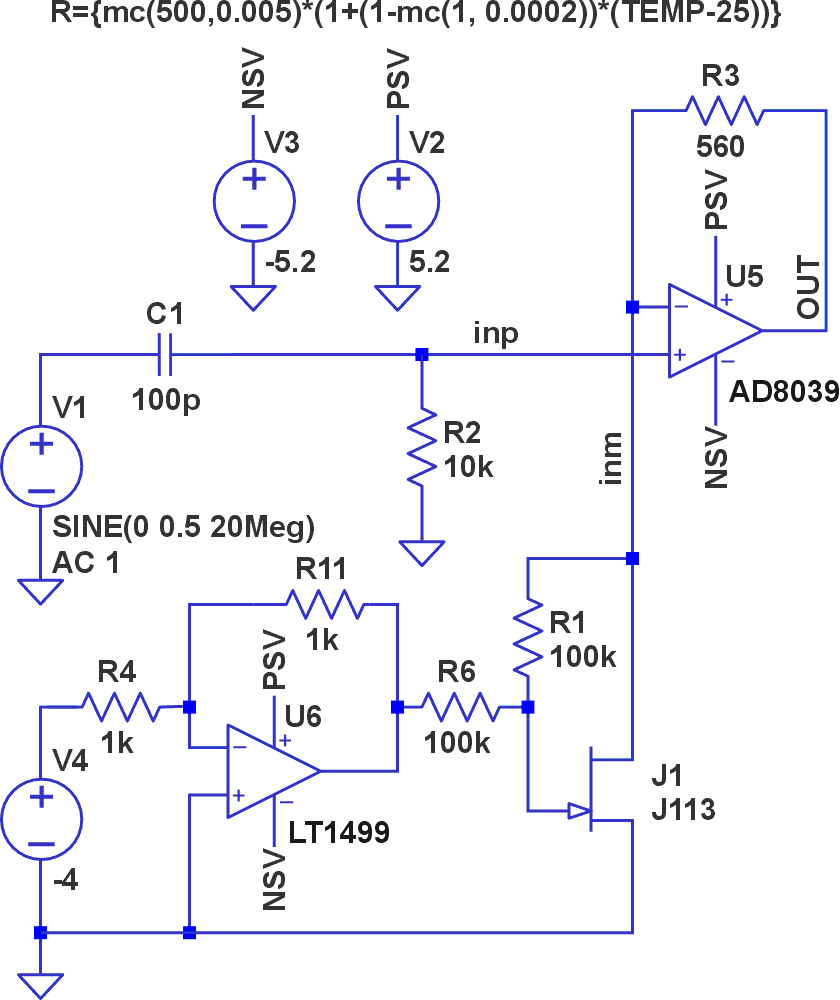 The examined circuit (used commonly, for example, to convert a photodiode current into voltage) is a large band gain amplifier stage based on a JFET transistor (J113). This linear control function is achieved with this JFET in the feedback path of a non-inverting amplifier.