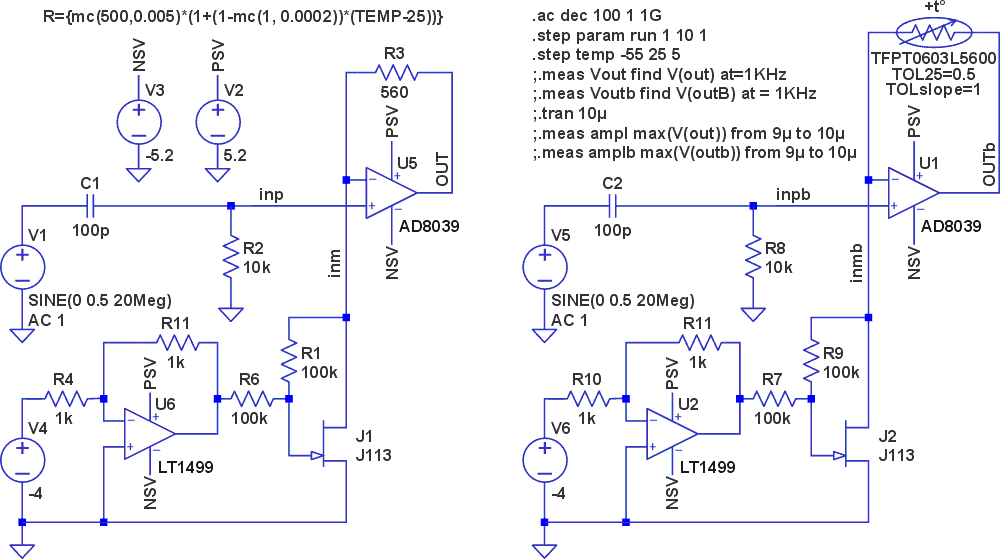 The diagram shows the original (left) and modified (right) versions of the large band gain amplifier stage circuit. 