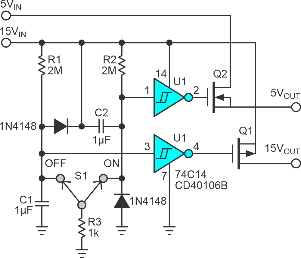 Simple analog supply sequencing accomplished using an SPDT switch for ON/OFF control and RC time constants, and Schmidt triggers for sequencing.