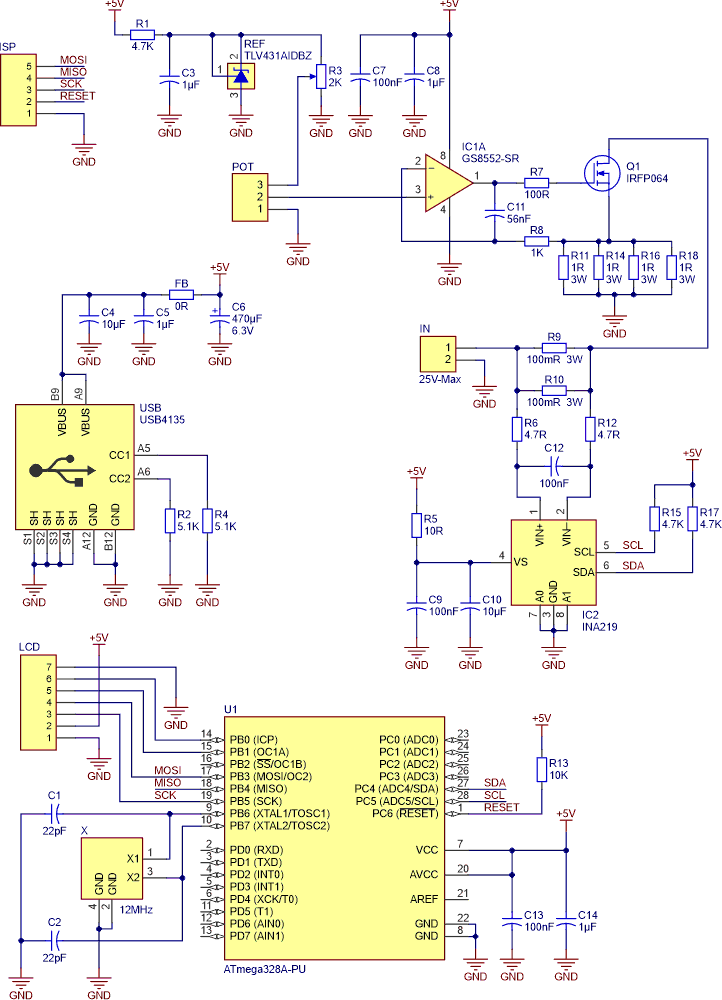 Schematic diagram of the 5 A adjustable digital DC load.