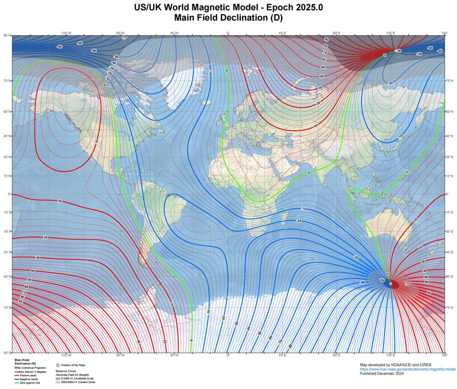 World Magnetic Model is standard for the Earth's magnetic field; other models and more details are available. Source: United States National Geospatial-Intelligence Agency and the United Kingdom Defence Geographic Centre.