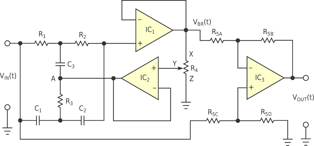 This bandpass active filter features adjustable Q and maximum gain in the passband and consists of a twin-T cell with Q adjustment and a differential output stage. You can also extract a frequency-notch output from the voltage-follower stage.