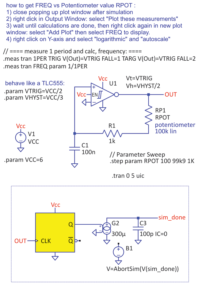 Schmitt trigger oscillator, this time, with the parameter stepping of R1, the .meas commands for period and frequency measurement, and an auxiliary circuit that triggers AbortSim().