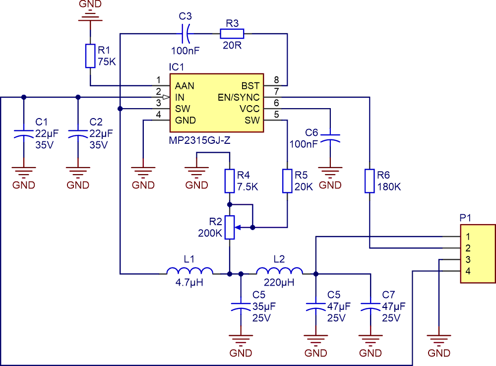 Schematic diagram of the DC to DC buck converter.