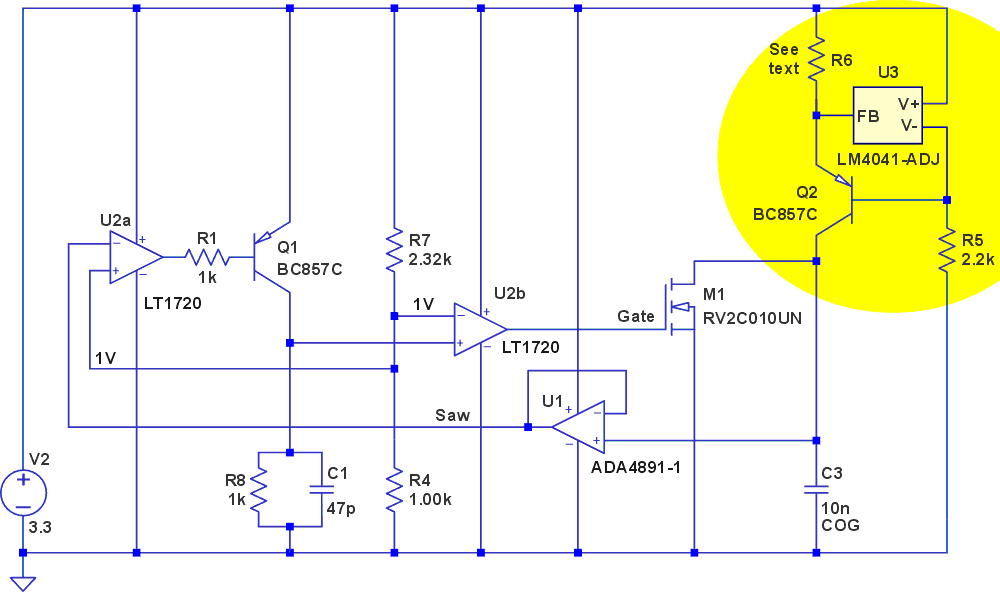 Maximal 5-decade sawtooth oscillator, using Christopher Paul's DI (Ref. 1).