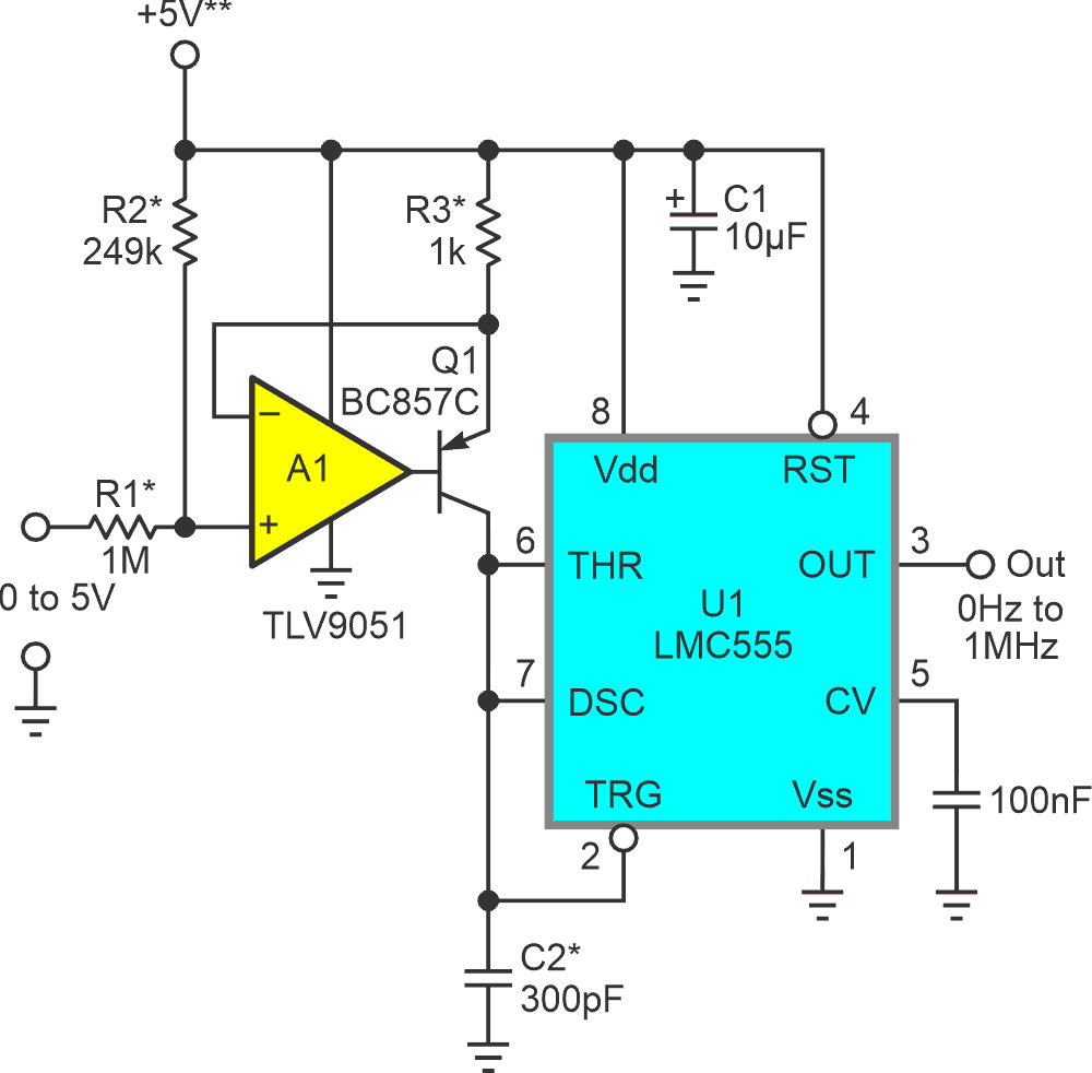 Starred components are precision, including the +5 V supply, but something's missing.