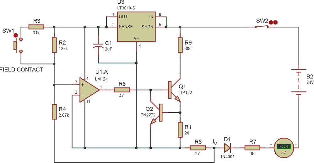 The current output (IO) is given to the analog inputs of the DCS/PLC. R7 is the load inside of the analog input module of the DCS/PLC.