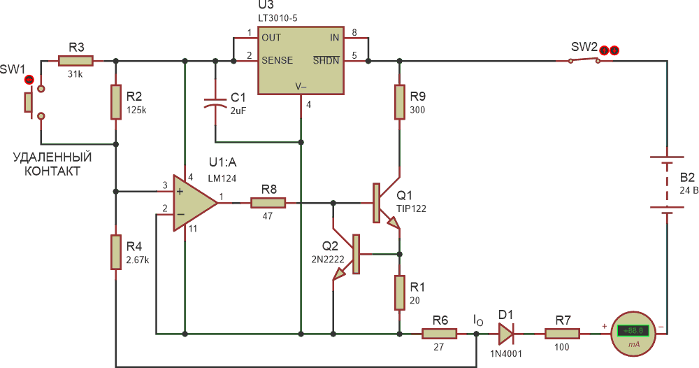 Выходной ток (IO) подается на аналоговые входы ПЛК/РСУ. R7 представляет нагрузочный резистор внутреннего модуля аналогового ввода ПЛК/РСУ.