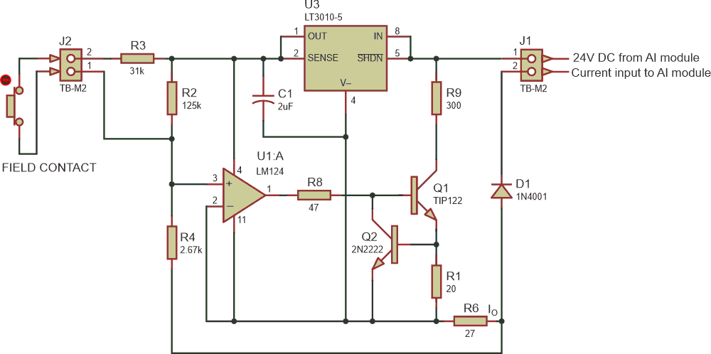 The interface module circuit and connection to the field contact. The DCS/PLC's analog input is also shown.