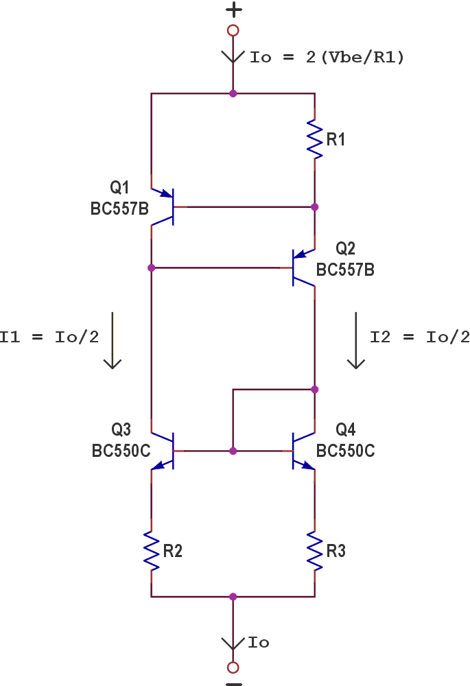 A simple, fully floating LED current driver based on a VBE-referenced current source and a BJT current mirror. The circuit operates as either a current sink or source and supports output currents up to 100 mA. Note: R2 = R3. All resistors are ¼ W and 5%.