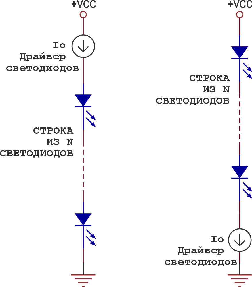 Благодаря полностью плавающей конфигурации драйвера возможно включение светодиодов как в верхнее, так и в нижнее плечо.