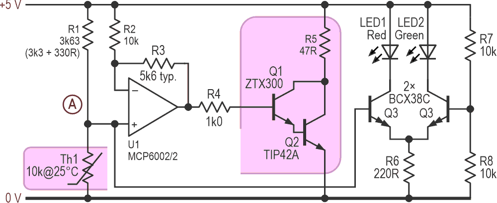 The original circuit that suffered from overshoot. The LEDs give a too-high/too-low temperature indication.