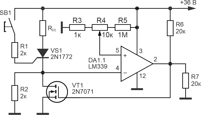 Электрическая схема MOSFET-тиристорного коммутатора с регулируемой защитой от перегрузки.