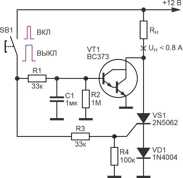 Тиристорный коммутатор нагрузки с однокнопочным управлением с использованием транзистора Дарлингтона.